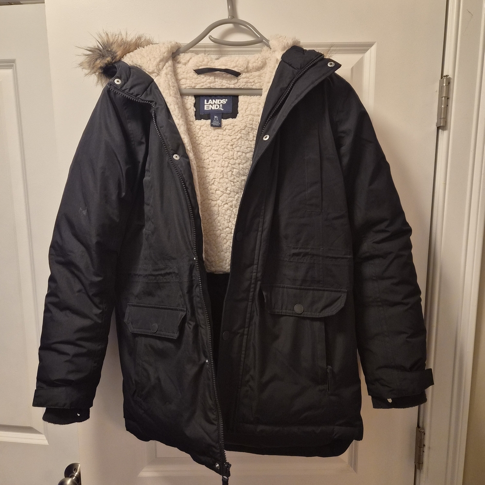 Lands' End Black Parka with Faux Fur Hood